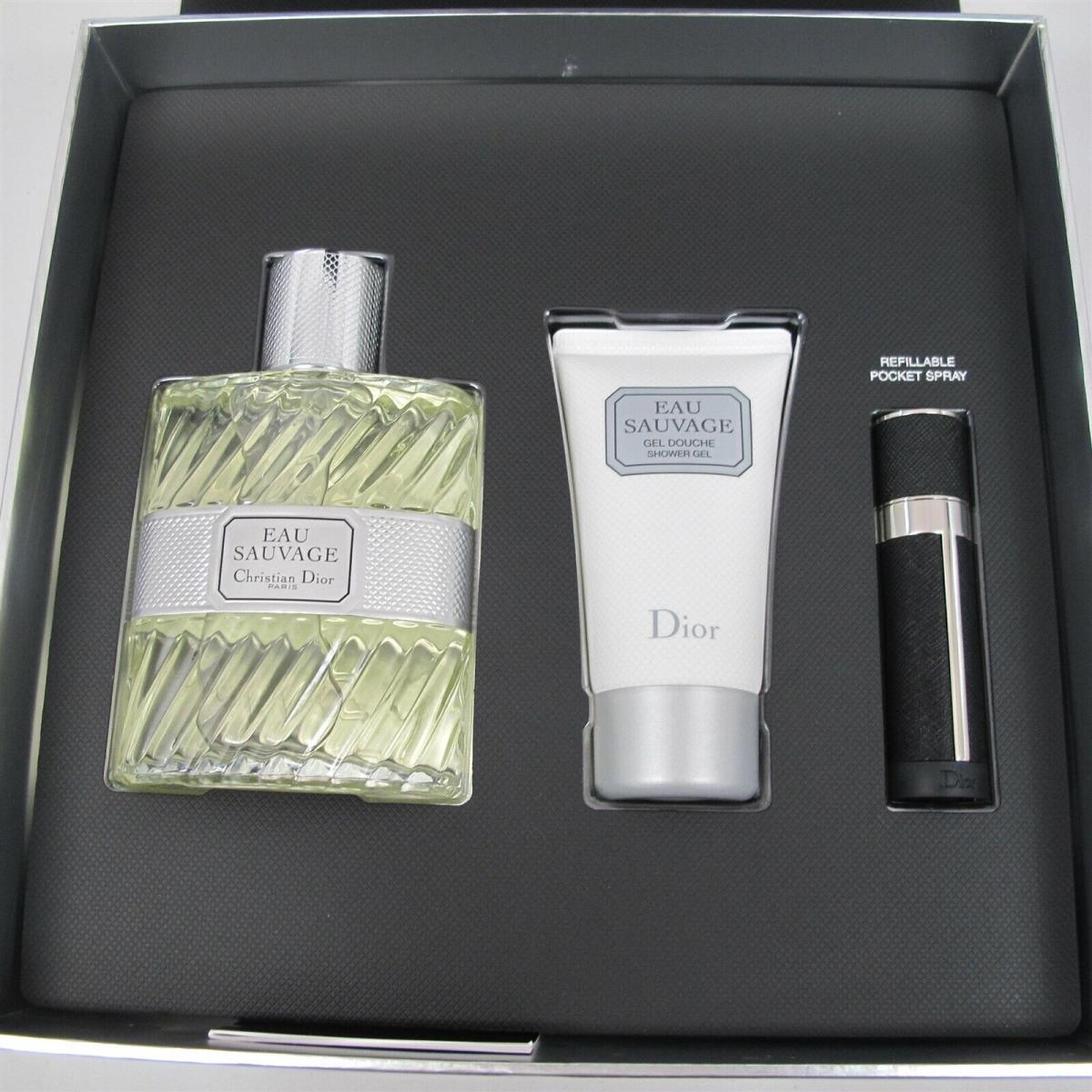 Eau Sauvage by Dior 3 Pcs Set: 3.4 oz Edt Spray 10 ml Refillable Spray Gel