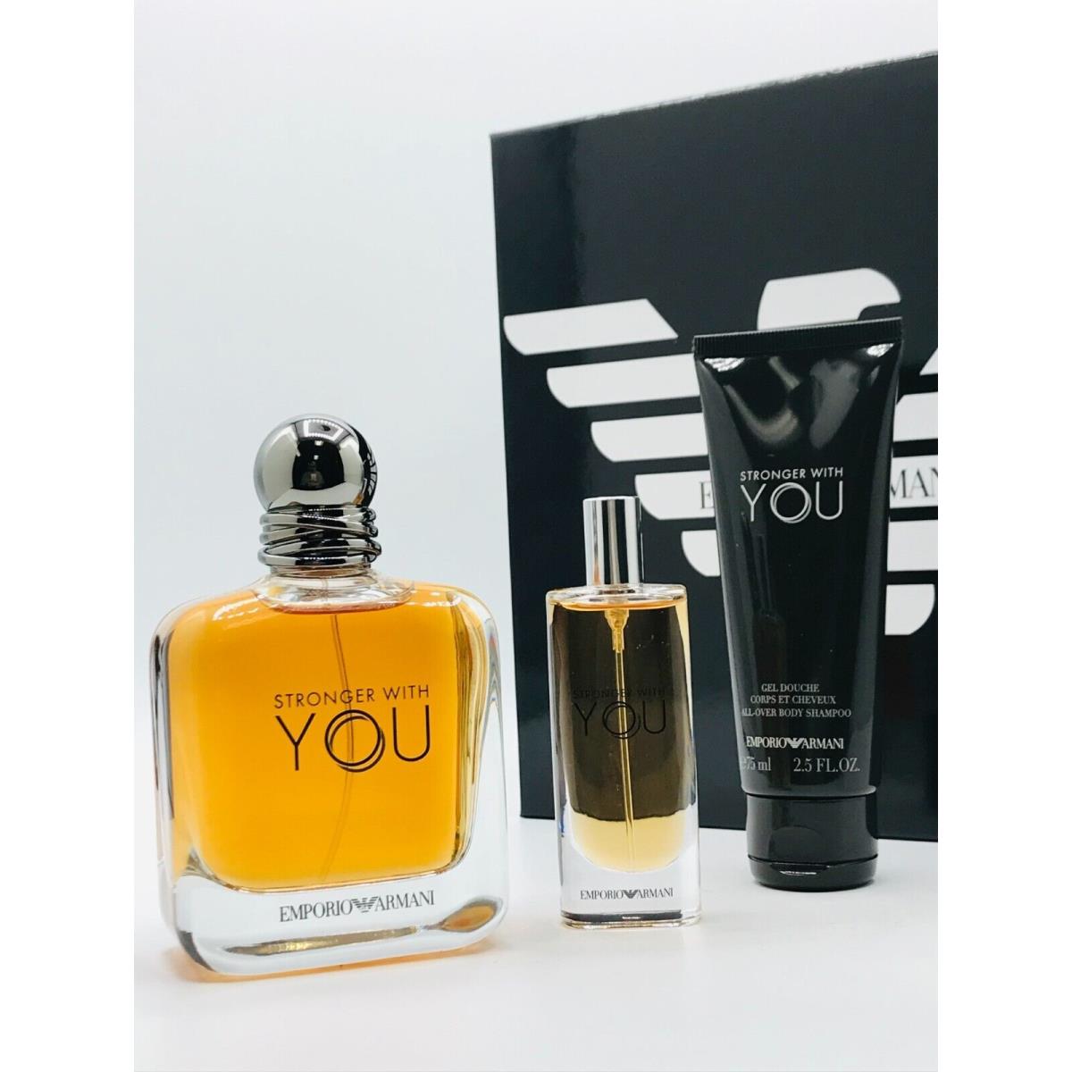 Emporio Armani Stronger with You Men 3pc Set Cologne Spray 3.4 oz Travel Spray .5 oz Body Wash