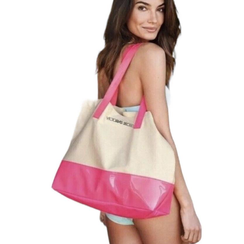 Victoria`s Secret Large Neon Pink Patent Leather Canvas Tote Bag Beach