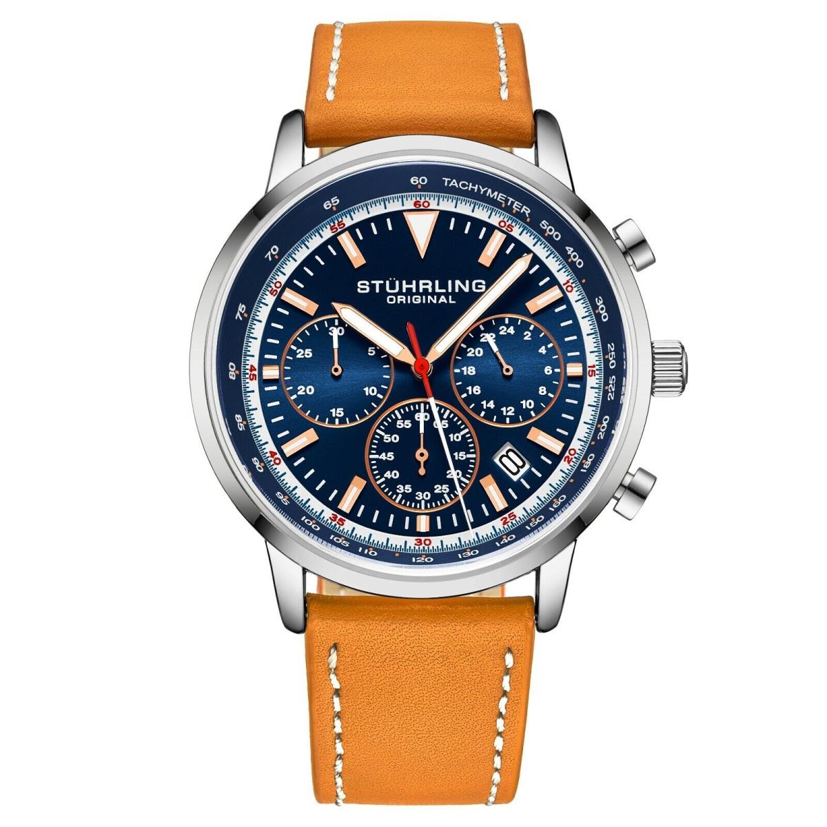 Stuhrling 44 mm Muscle Movement Chronograph 9.5 mm Leather Strap Men`s Watch - Blue Dial, Tan Band