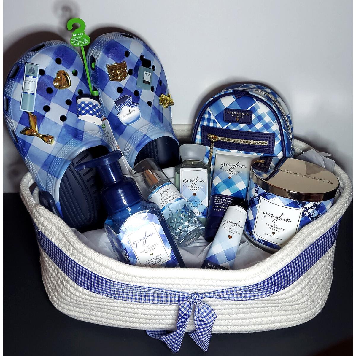 Large Bath Body Works + Crocs Blue Gingham Themed Women`s Variety Gift Basket