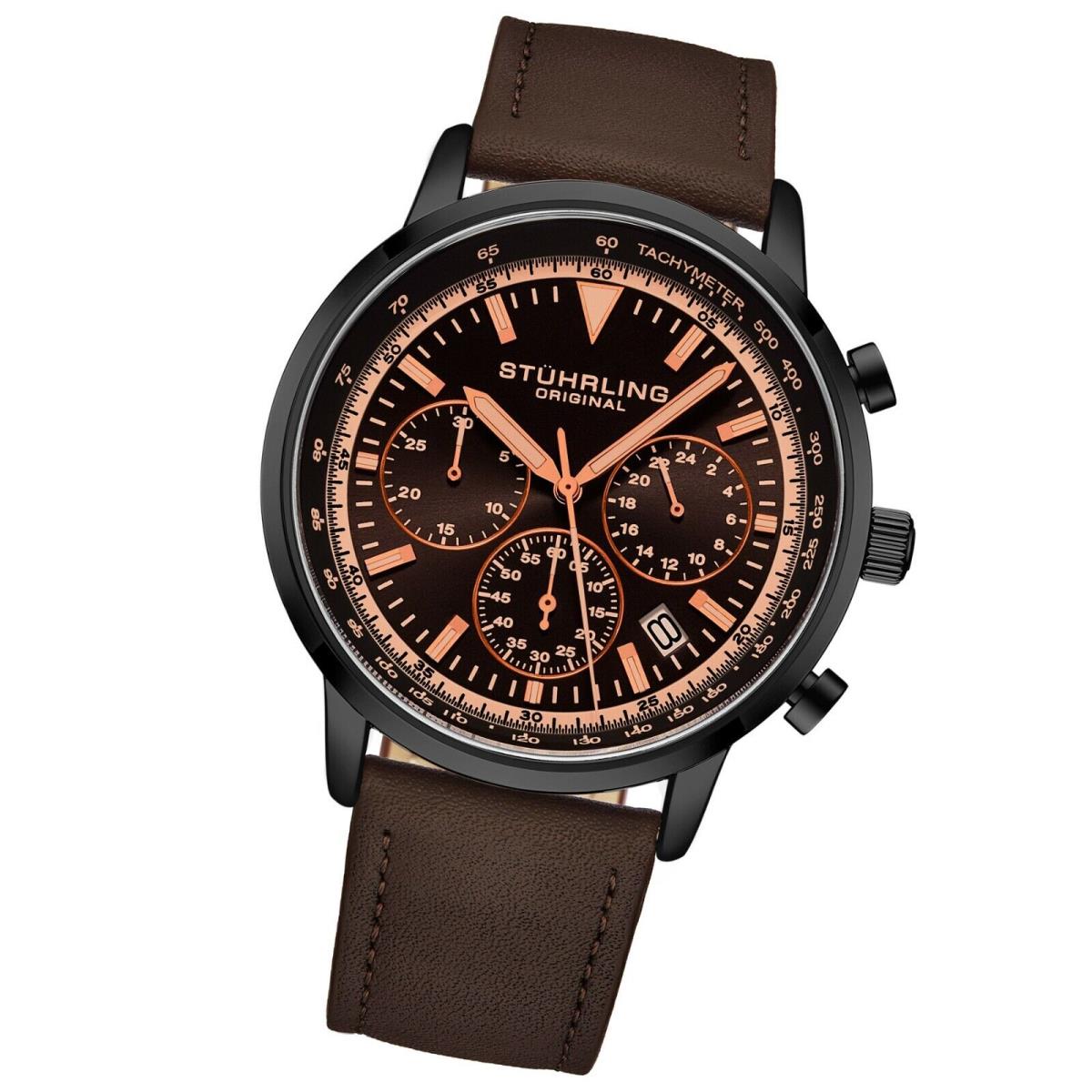 Stuhrling 44 mm Muscle Movement Chronograph 9.5 mm Leather Strap Men`s Watch - Dial: Black, Band: Brown