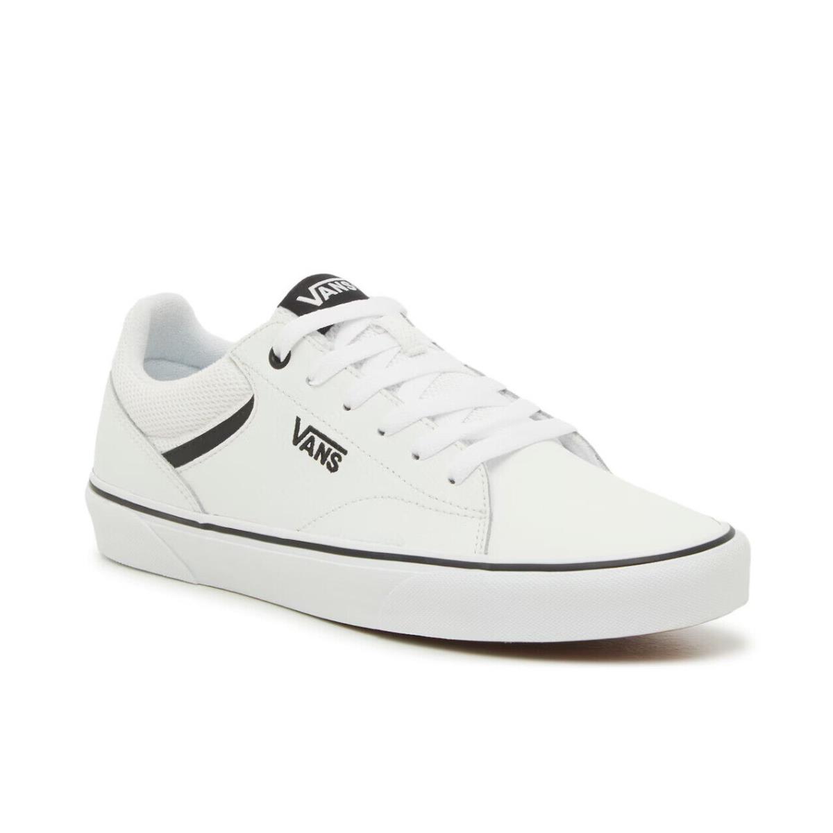 Mens Vans Seldan Off White Black Leather Sneaker Shoes - White