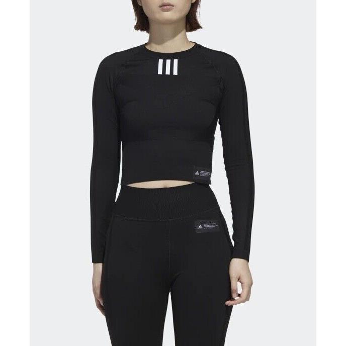 Adidas Women s Primeknit Fine Long Sleeve Athletic Top Cropped Black