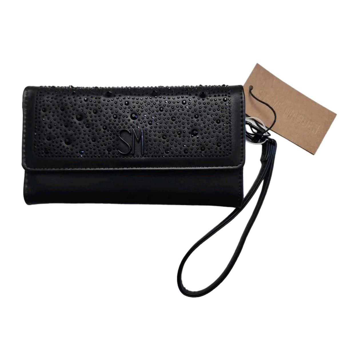 Steve Madden Black Rhinestone Logobar Trifold Wristlet