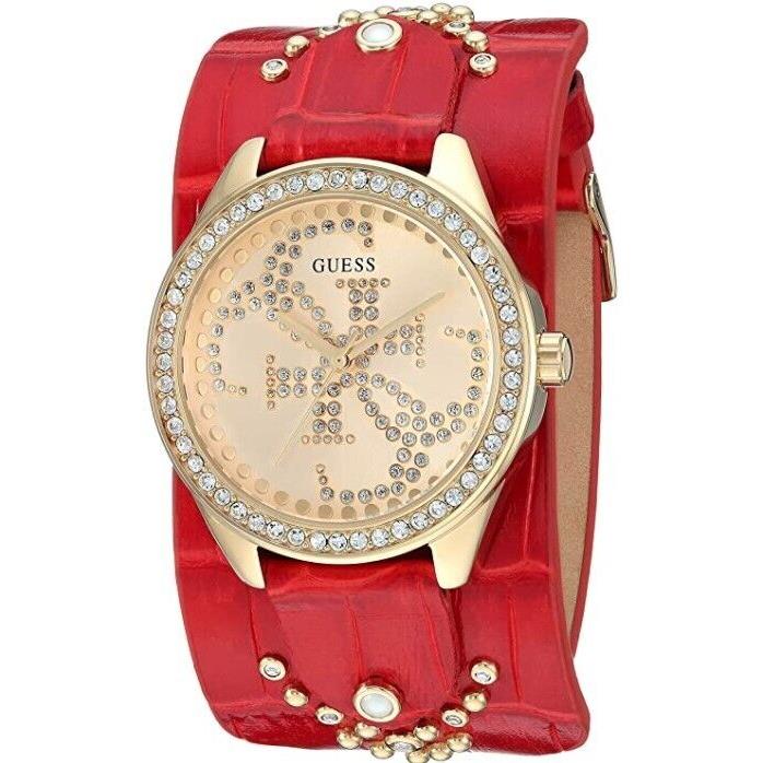 Guess Women`s Watch Red Studded Leather Cuff Strap Heartbreaker U1140L2