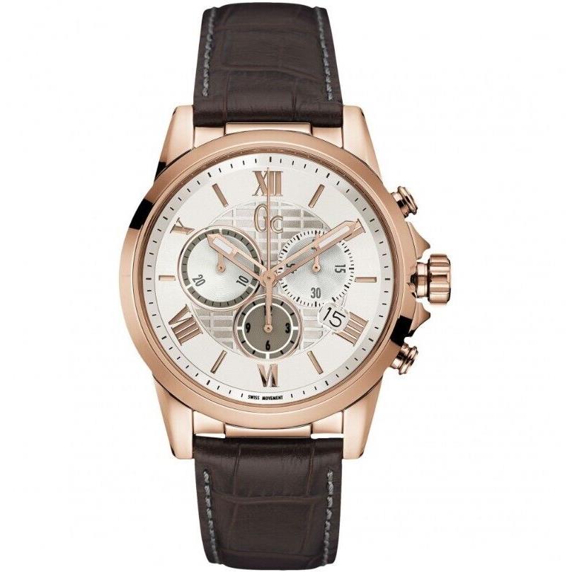 Guess Collection Brown Leather Strap Chronograph Esquire Men`s Watch Y08006G1