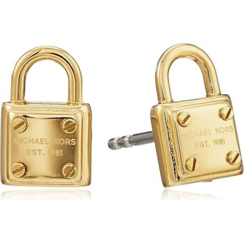 Michael Kors MK Logo Padlock Gold Stainless Steel Stud Earrings MKJ3485710 + Box