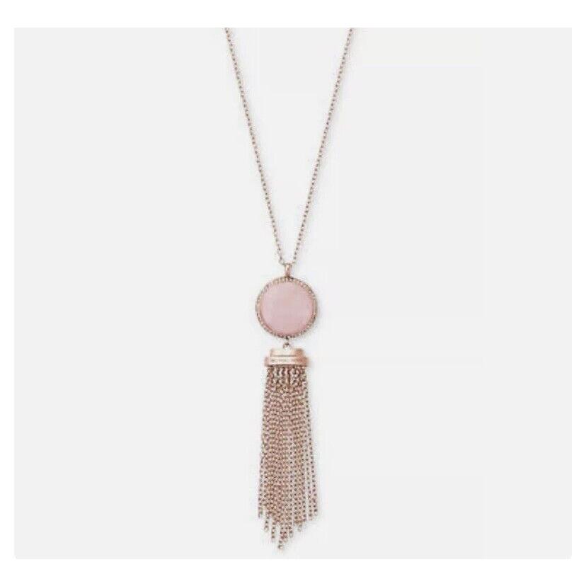 Michael Kors Rose Gold-tone Rose Pink Stone Fringe Pendant Necklace MK441