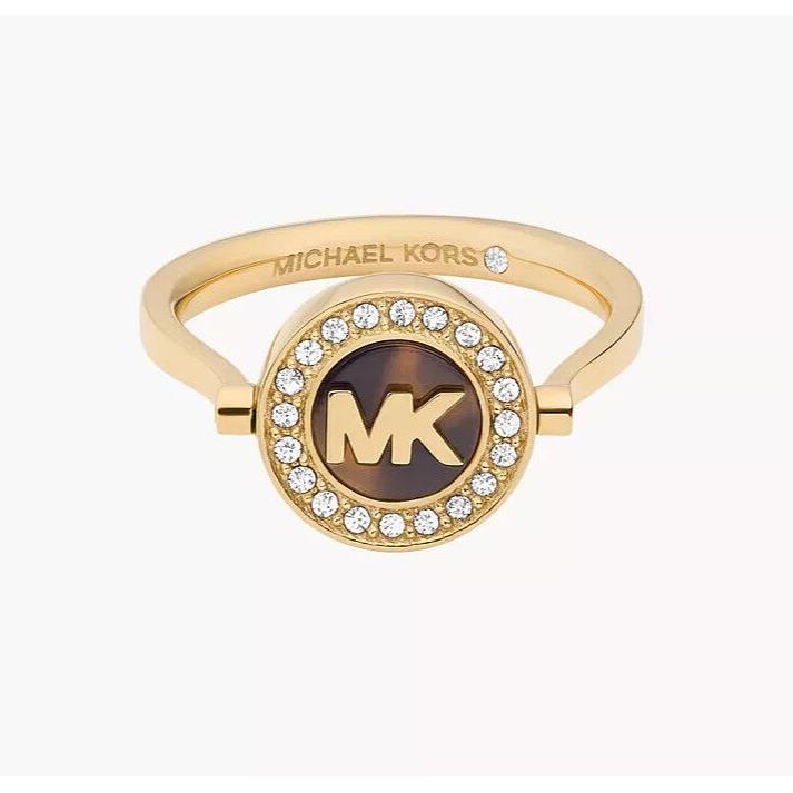 Michael Kors MK Logo Plaque Tortoise Gold Ring Crystals MKJ7856710 Size 7 + Box