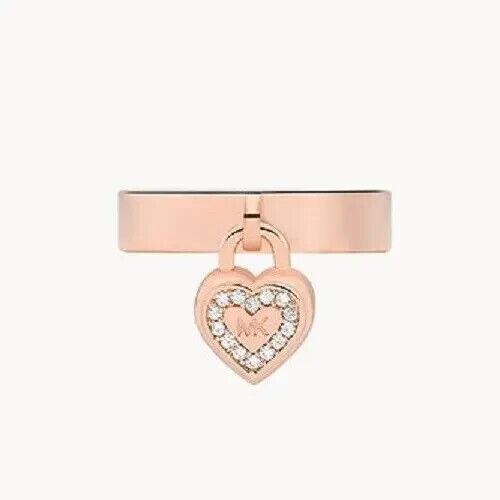 Michael Kors Rose Gold Ring MK Logo Heart Charm Crystals MKJ7890791 Size 7 +box