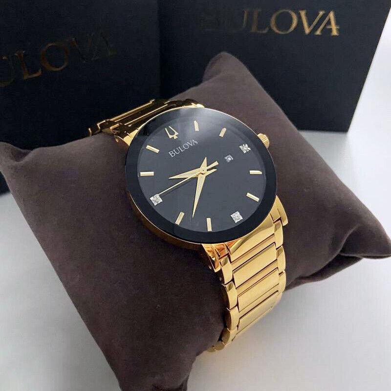 Men Bulova Modern Futuro Black Dial Gold Bracelet Quartz Watch 97D116 42mm