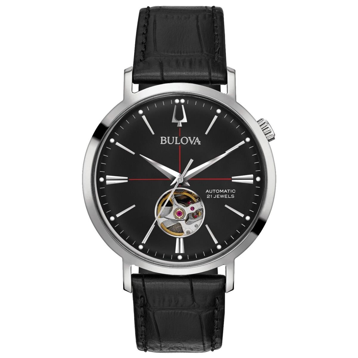 Bulova Men`s Classic Automatic Hack Feature Black Leather Watch 41 MM 96A201 - Dial: Black, Band: Black