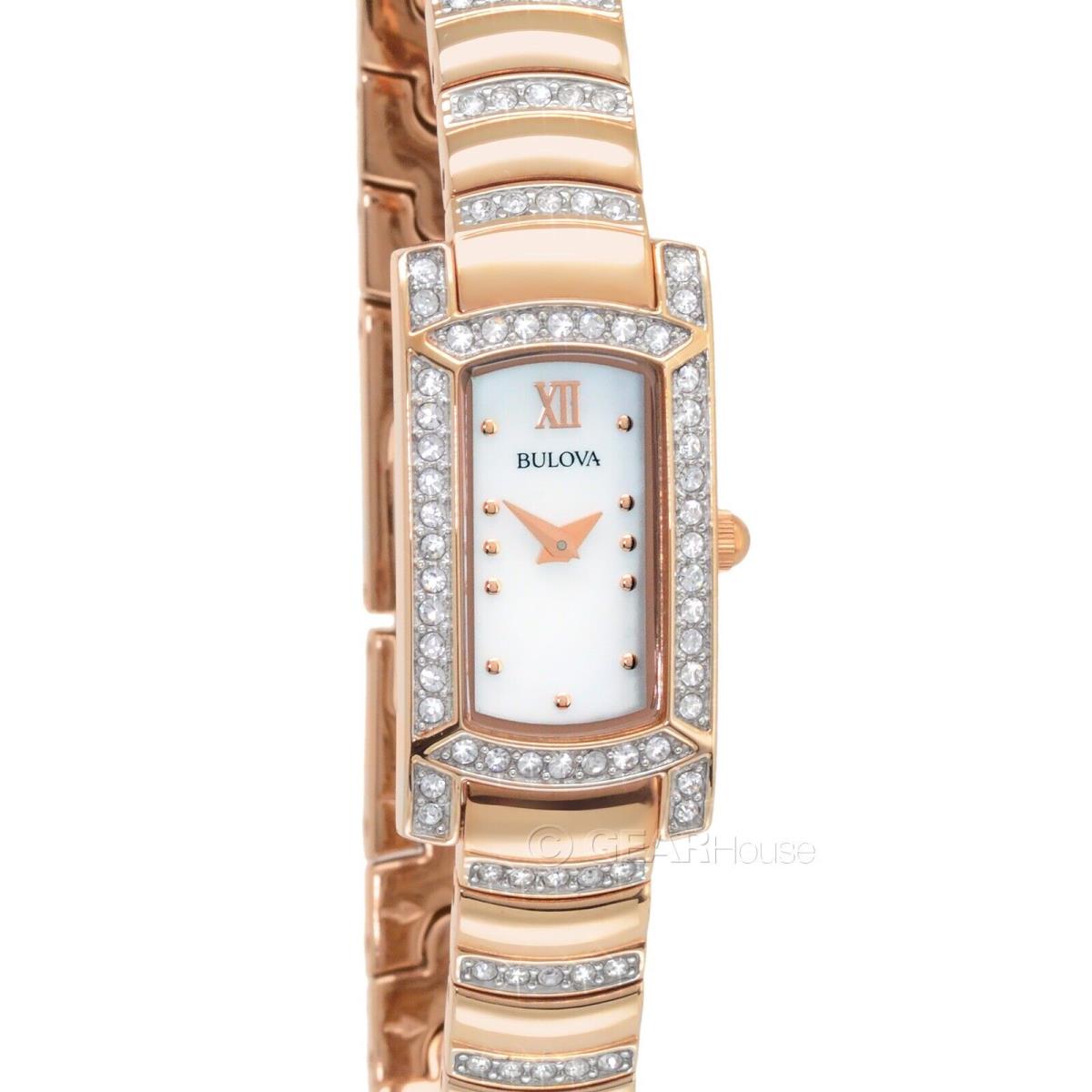 Bulova Womens Rectangular Watch Rose Gold Band White Mop Dial Glitz Crystals