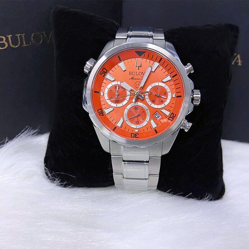 Men Bulova Classic Orange Marine Star Stainless Steel 96B395 Watch 100MM