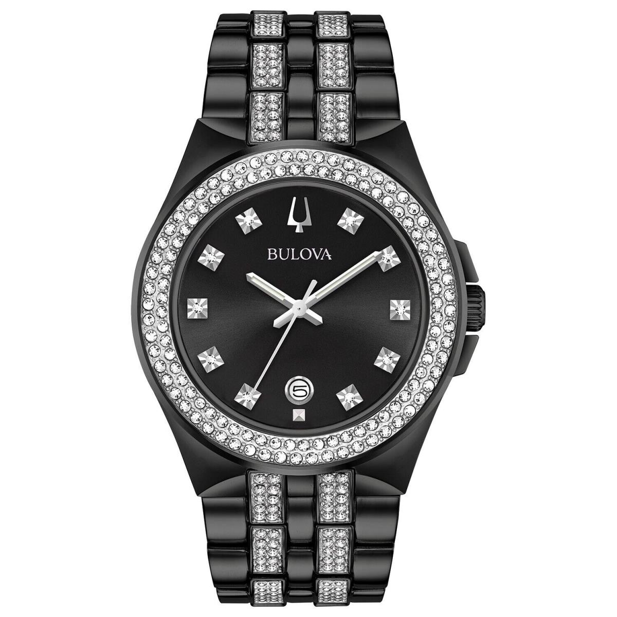 Bulova Men`s Crystal Date Quartz Gemmed Black Stainless Steel Watch MM 98K101 - Dial: Black, Band: Black, Bezel: Silver