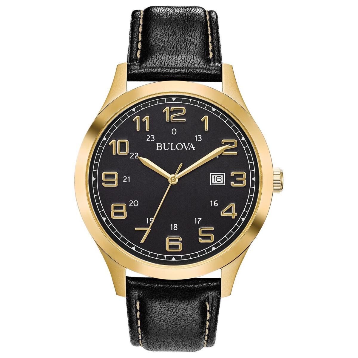 Bulova Men`s Quartz Black Leather Date Gold Tone Indicator Watch 42MM 97B181