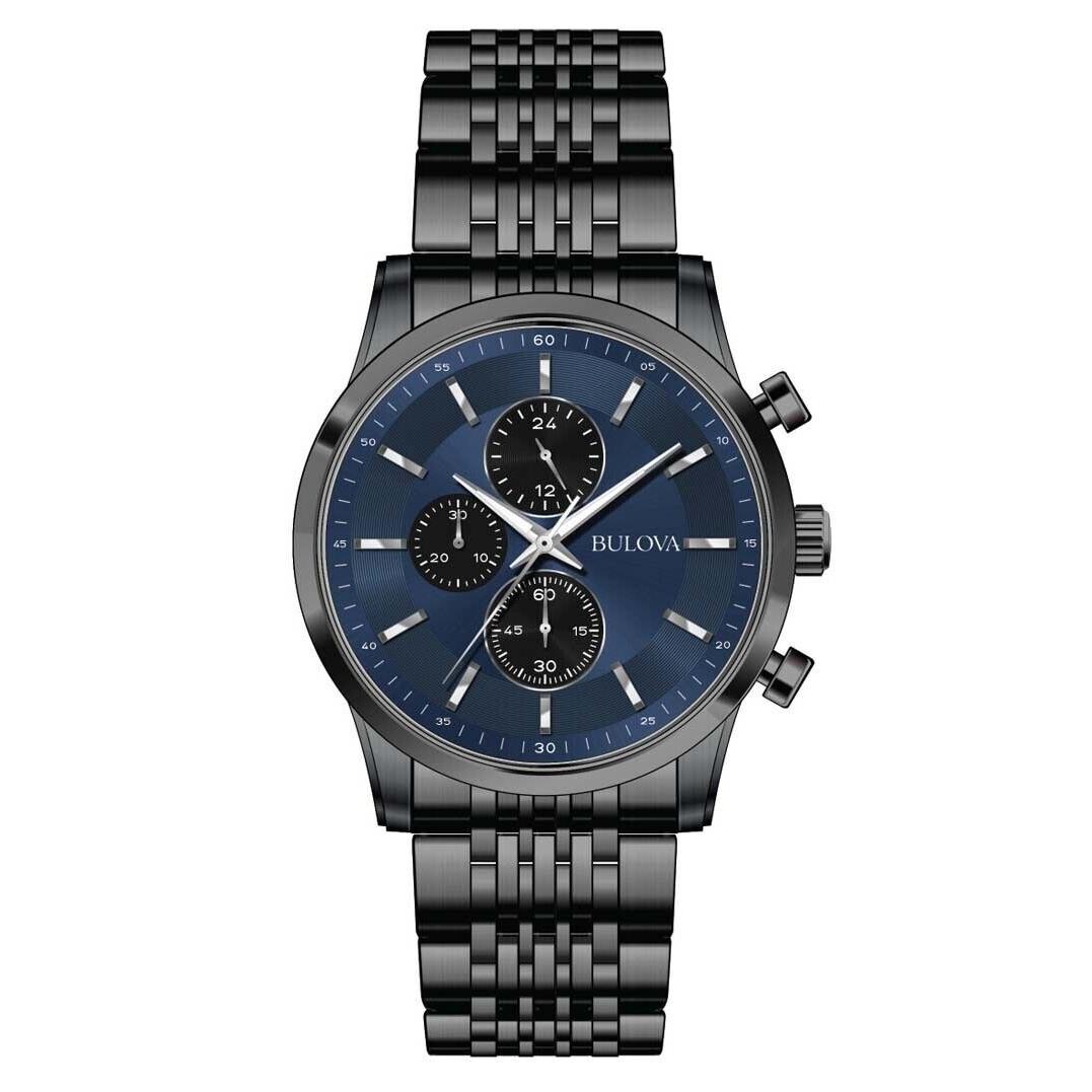 Bulova Men`s Quartz Chronograph Date Black Stainless Steel Watch 42 MM 98A300