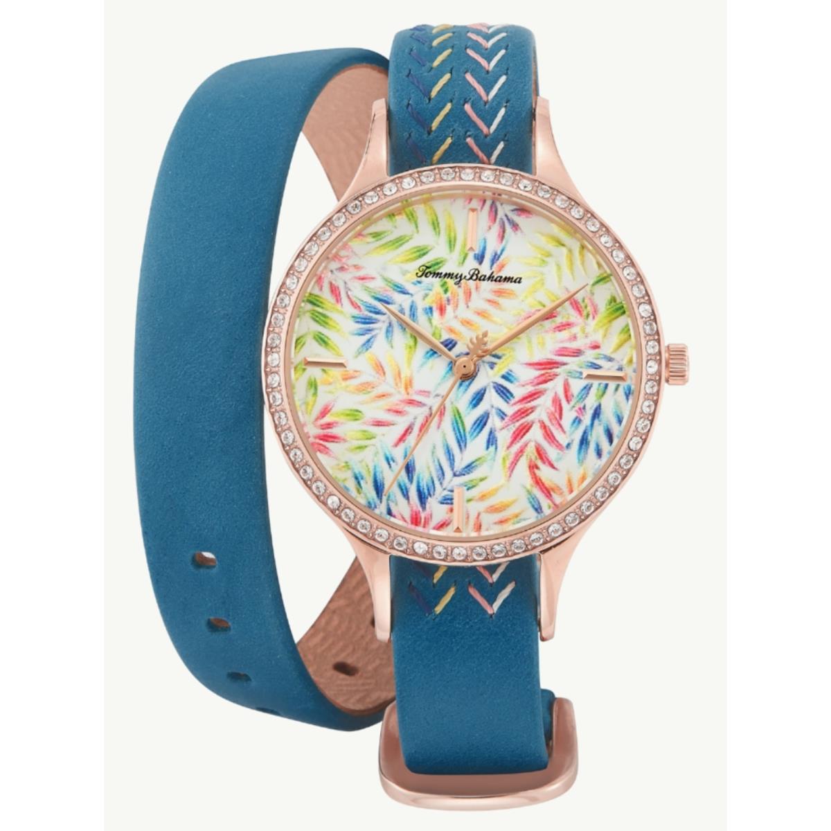 Tommy Bahama Women`s Rose Gold Floral Watch Double Wrap Strap Swarovski Crystals