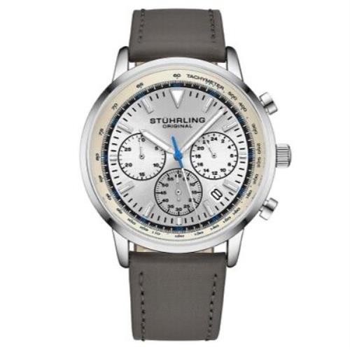 Stuhrling 3986L 1 Muscle Movement Quartz Chronograph Gray Leather Mens Watch - Silver Dial, Grey Band