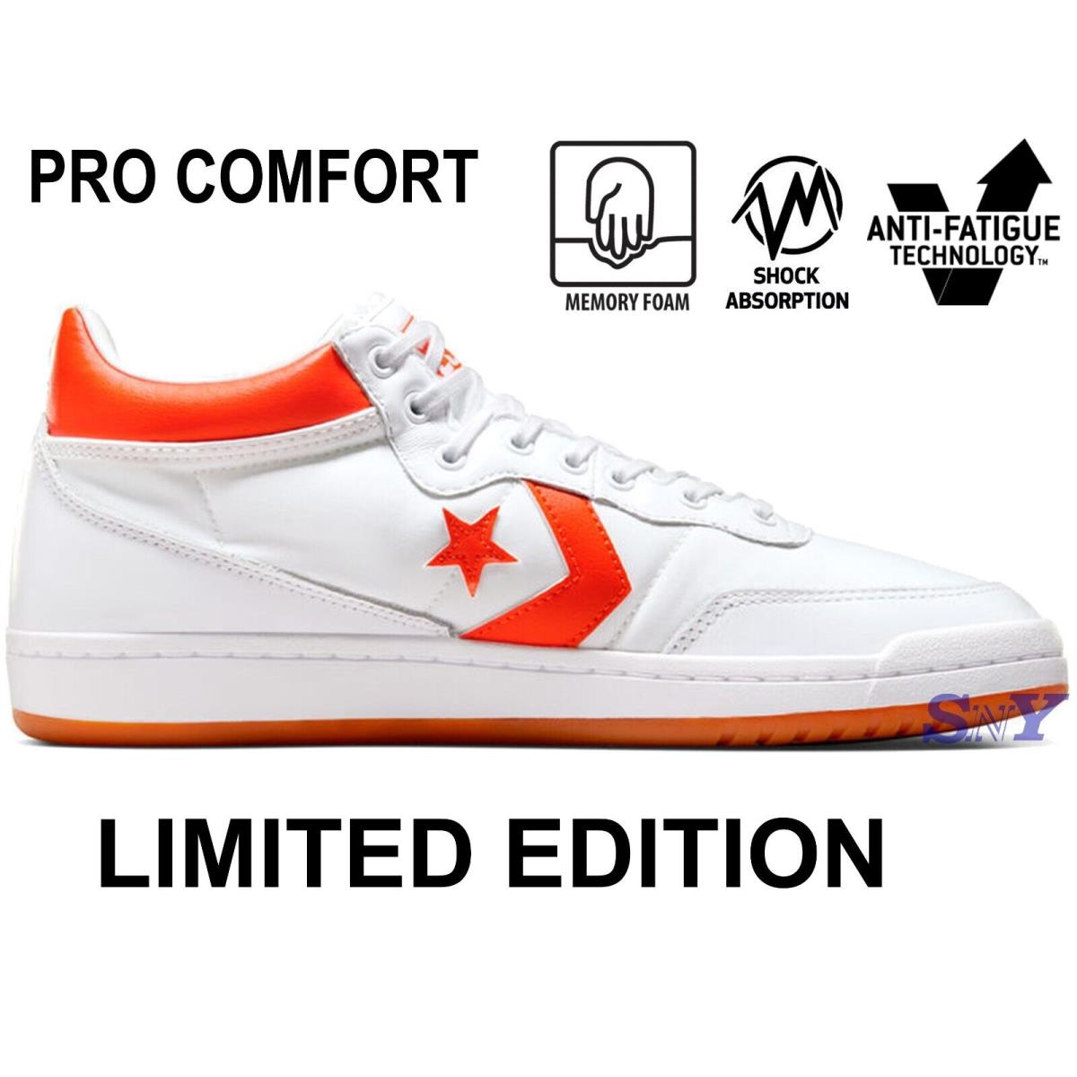 Converse Men`s Cons Fastbreak Pro Leathe Skate Shoes Memory Foam Limited Edition - White/Orange/White