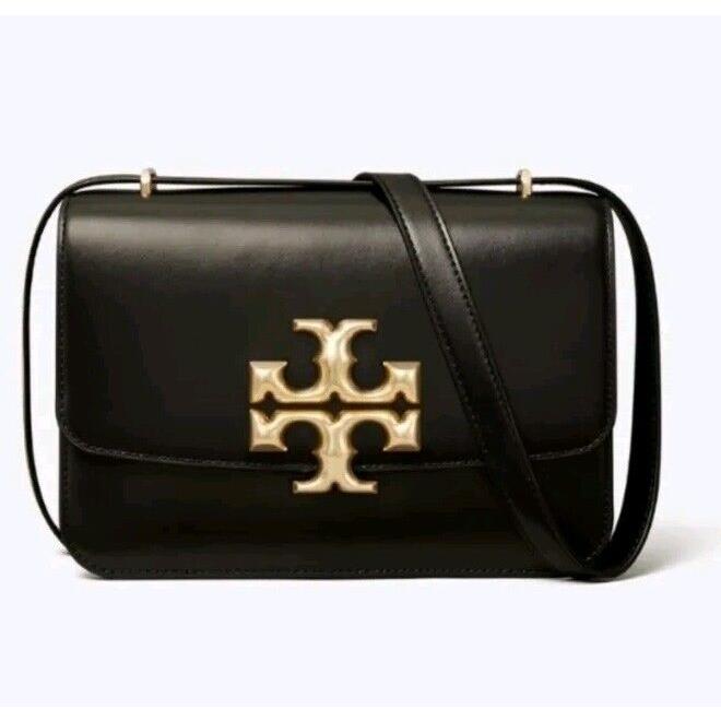 Tory Burch Eleanor Convertible Gold Logo Shoulder Leather Bag Black