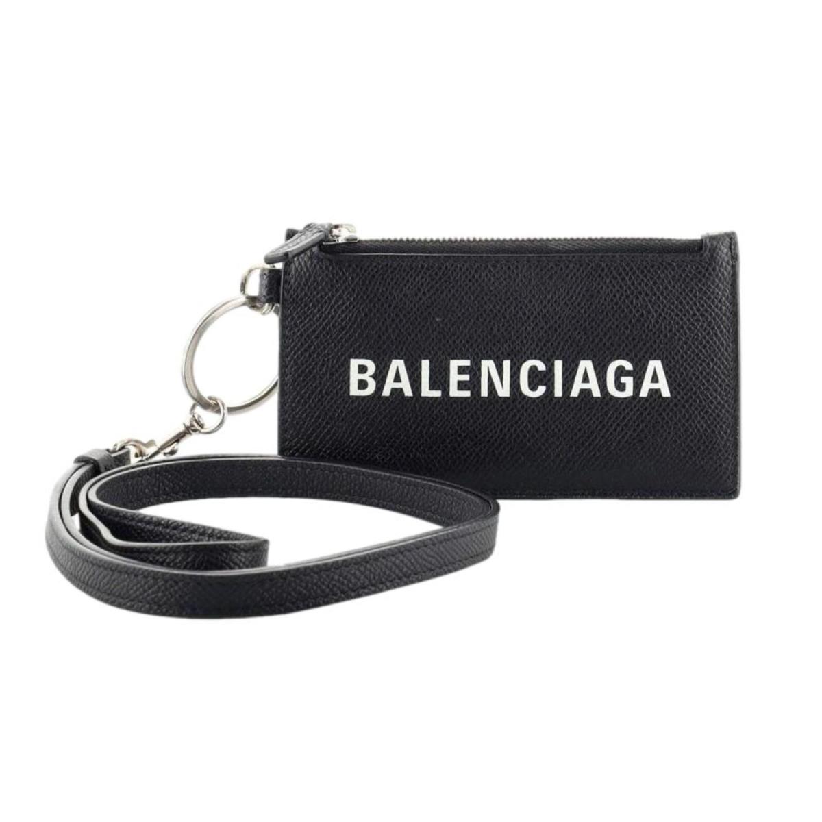 Balenciaga Cash Logo Black Grain Leather Neck Lanyard Card Holder Wallet