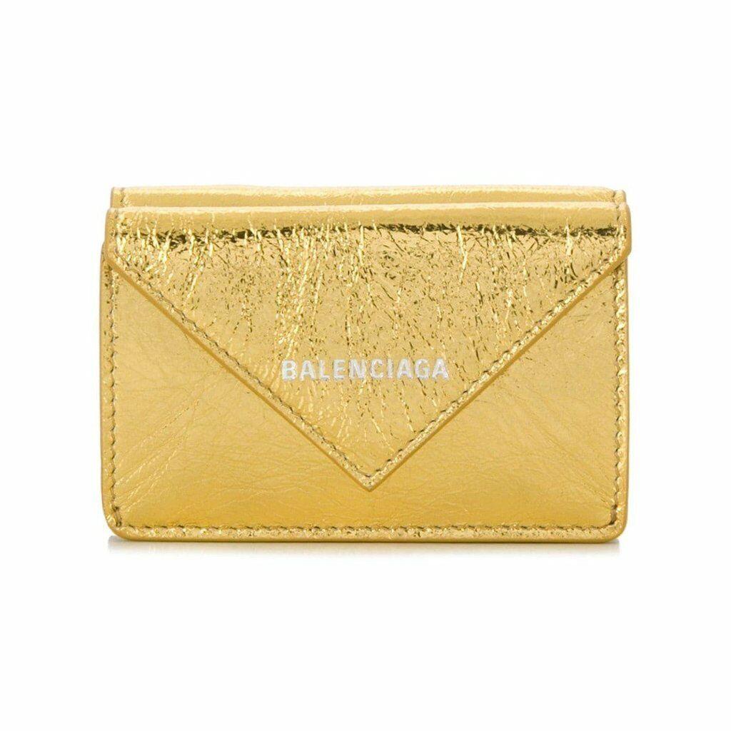 Balenciaga Papier Metallic Gold Arena Lambskin Leather Mini Trifold Wallet 39144