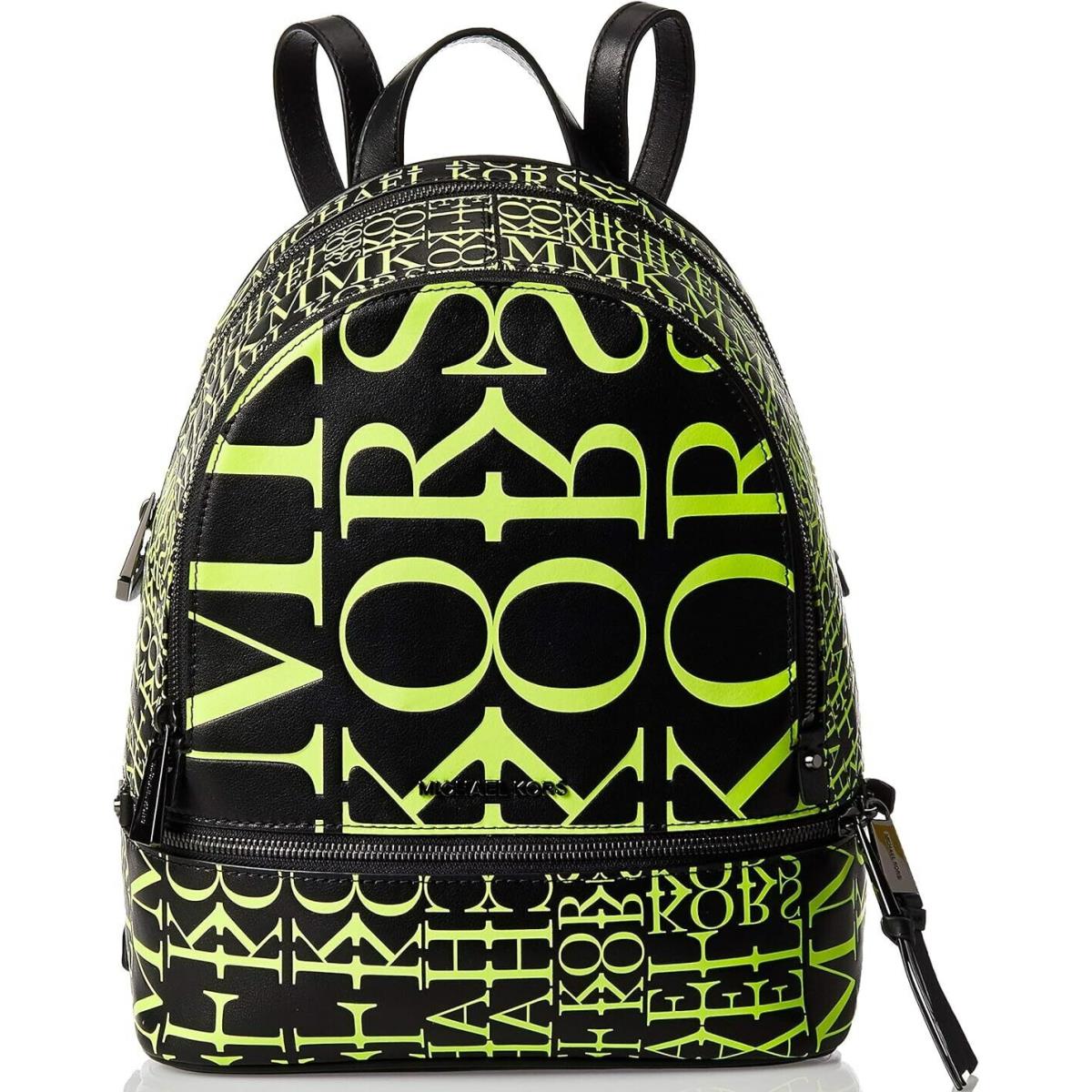 Michael Kors Rhea Zip Newsprint Neon Backpack Black Leather Travel Bag