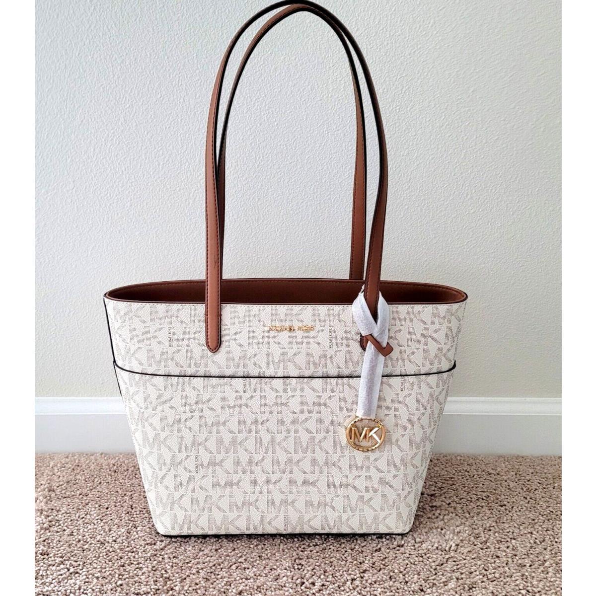 Michael Kors Bedford Medium Vanilla Signature Top Zip Pocket Tote Handbag