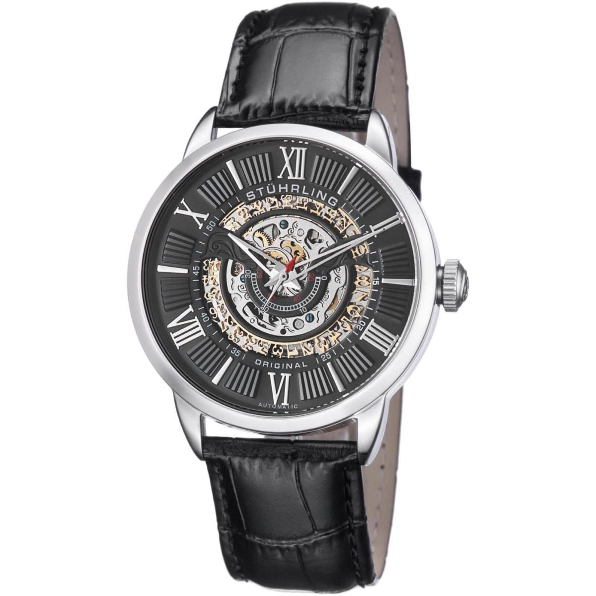 Stuhrling Delphi 696 Men`s 44mm Automatic Black Calfskin Krysterna Watch 696.02