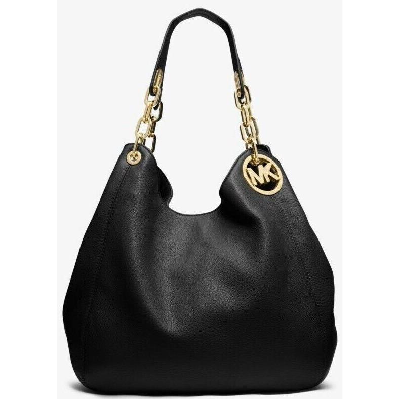 Michael Kors Fulton Black Leather Gold Logo Chain Large Shoulder Tote Bag