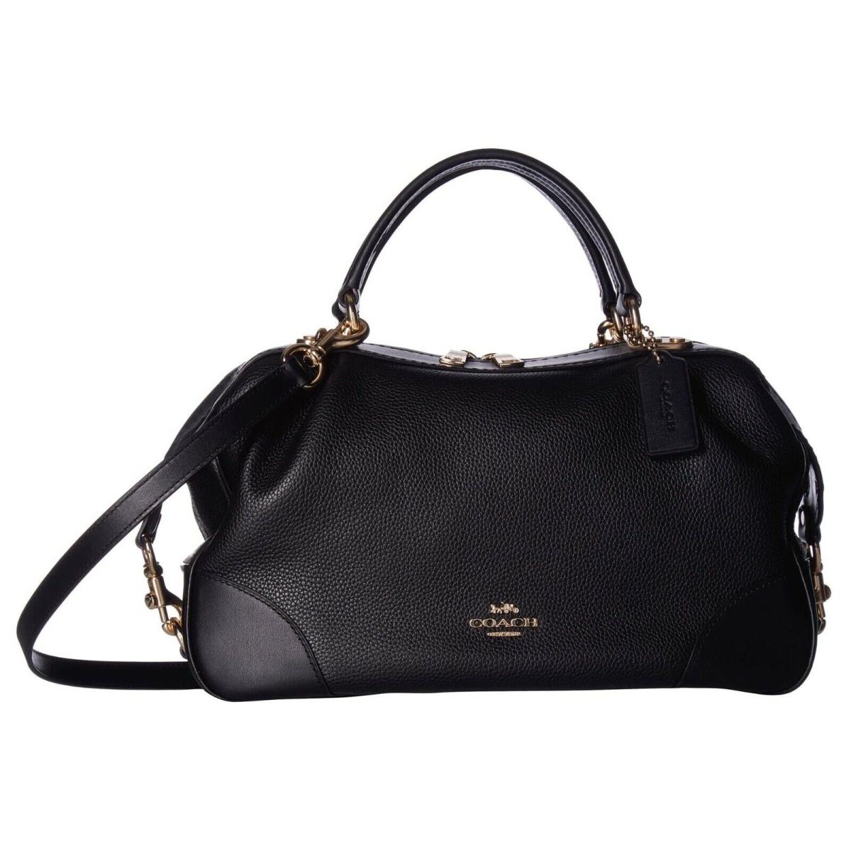 Coach Lane Zip Satchel Hand Shoulder Bag Black Polished Pebble Leather Gold Logo