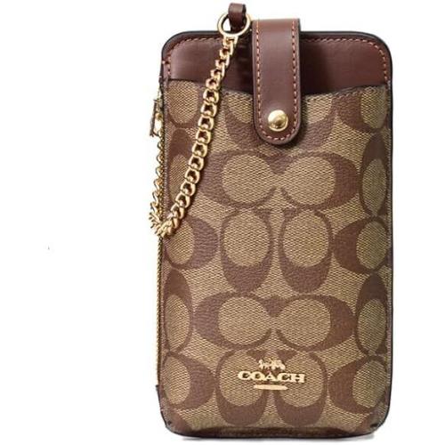 Coach Phone Crossbody North South C7397 Brown Leather Signature Canvas Bag