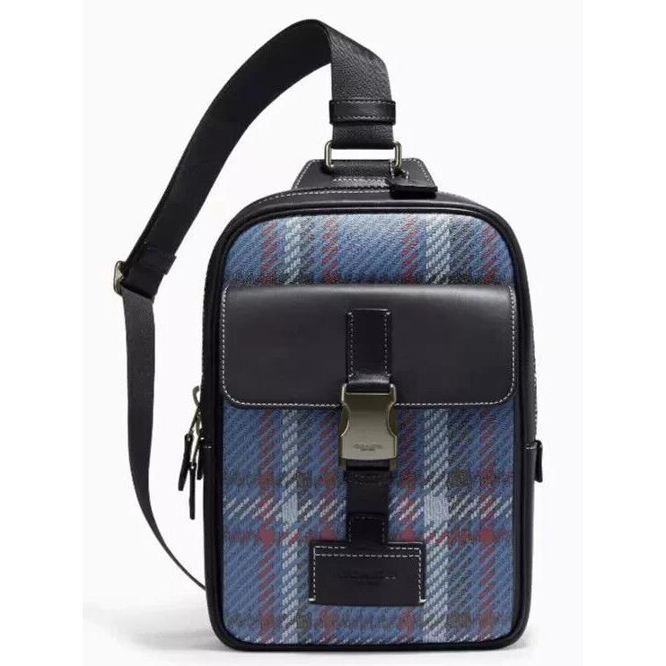 Coach Men s Track Pack Plaid Print Cross Body Bag In Midnight Navy Blue