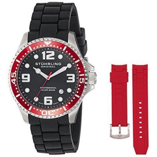 Stuhrling 675.02 675 02 Set Aquadiver Quartz Red Accented Mens Watch Set