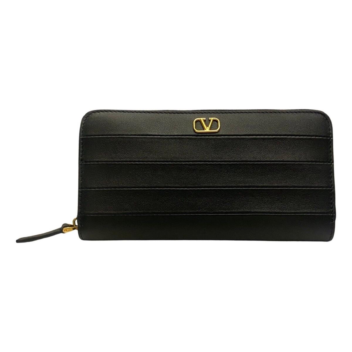 Valentino Garavani Diary Lines Black Grain Leather Zip-around Long Wallet