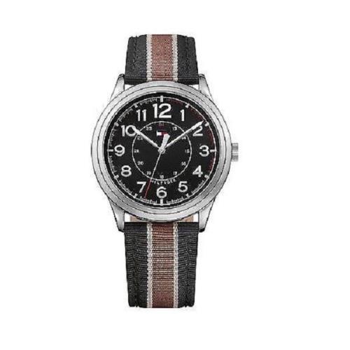 Tommy Hilfiger Silver Tone Black+brown Striped Canvas Band Watch 1791330