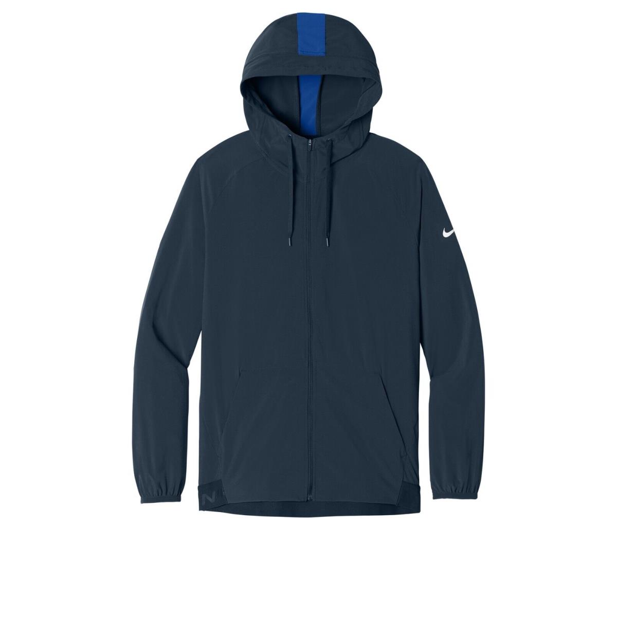 Men`s Nike Dri Fit Full Zip Hooded Athletic Jacket Zippered Pockets XS-4XL Navy Blue/Game Royal