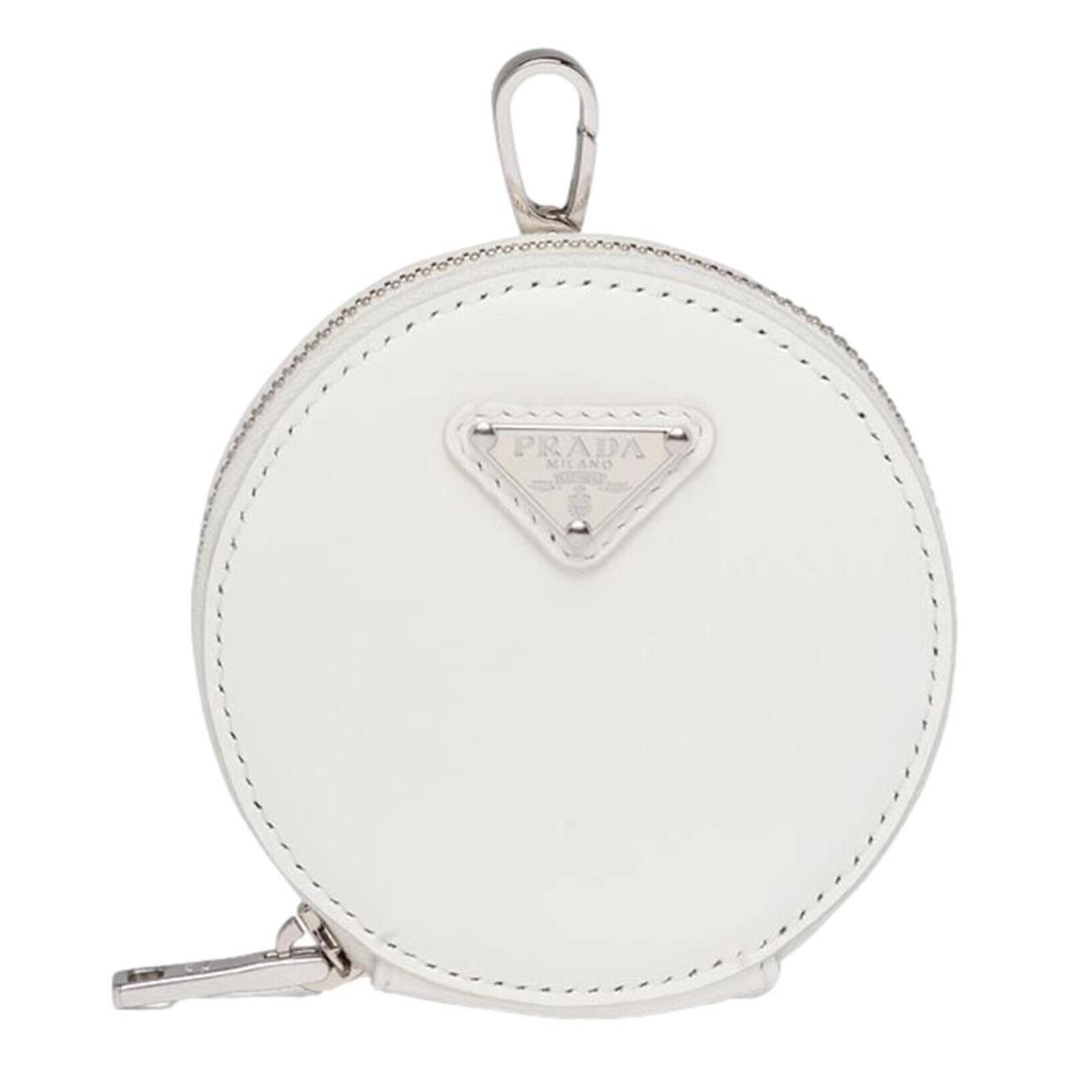 Prada Triangle Plaque Smooth White Leather Round Mini Pouch Keycha