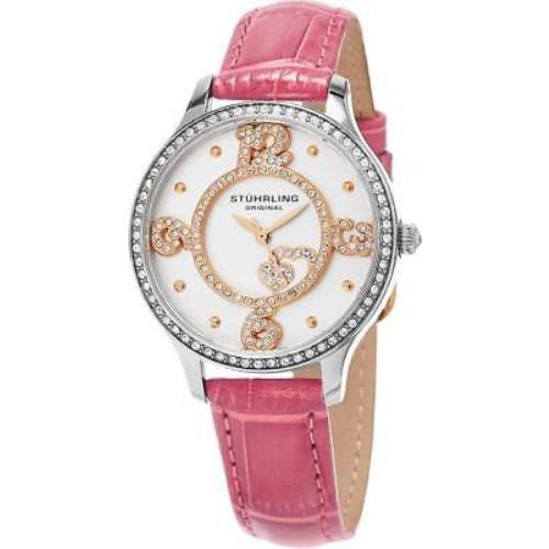 Stuhrling 760.03 760 03 Chic Crystals Heart Pink Leather Strap Womens Watch - Pink