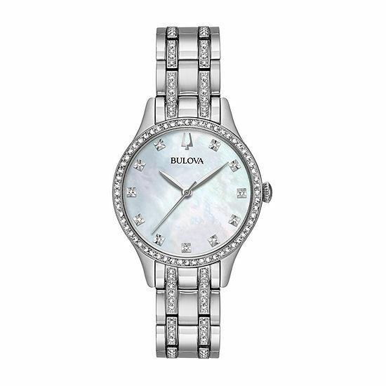 Bulova 96X145 Silver Tone White Mother of Pearl Dial Crystal Accent Womens Watch - Dial: Silver, White, Band: Silver, Bezel: Silver