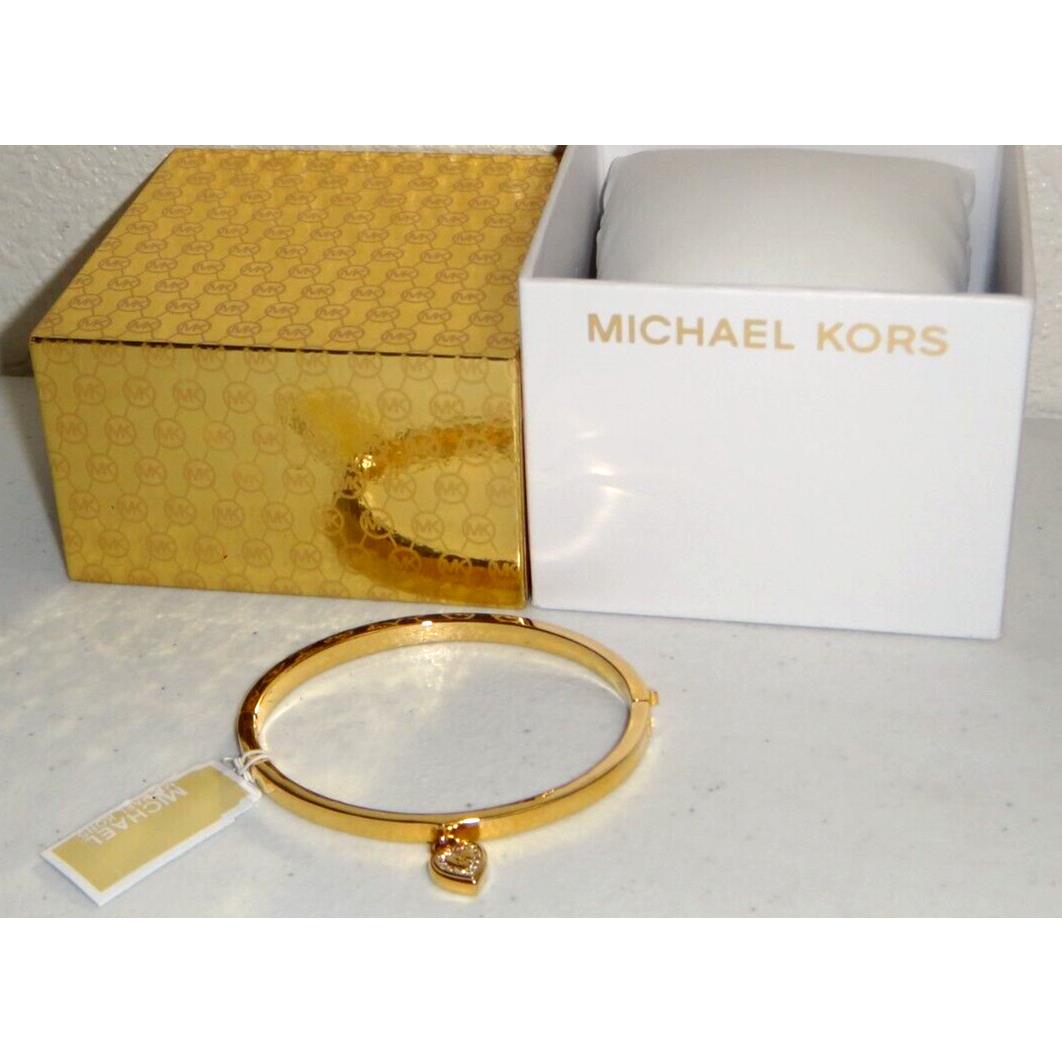 Michael Kors MK Logo Heart Padlock Gold Bangle Bracelet Crystals MKJ7876710 +box