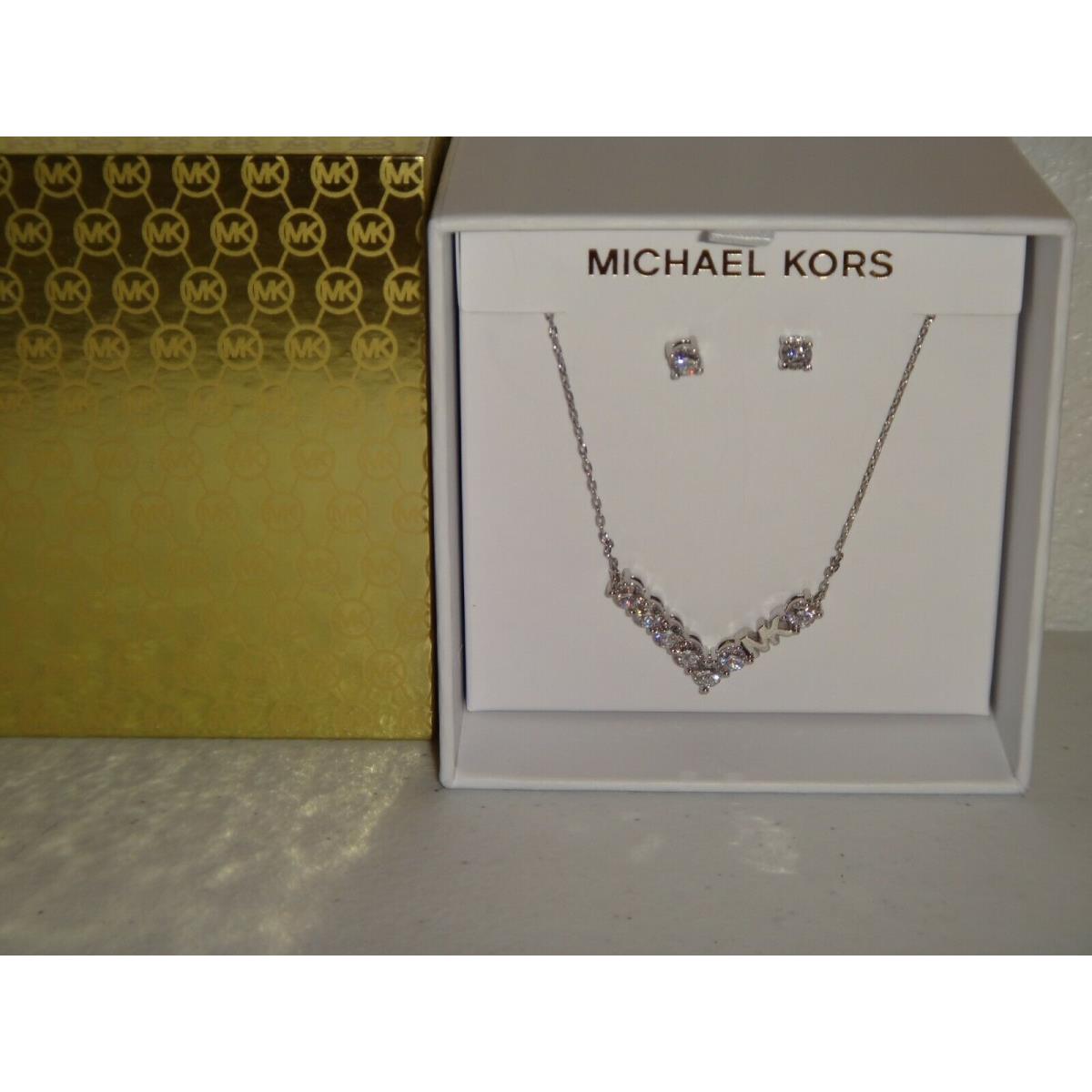 Michael Kors Gift Set Silver Necklace Earrings MK Logo Crystals + MK Box