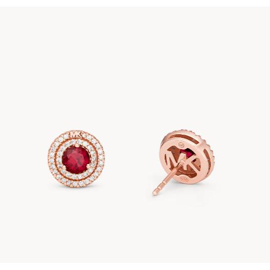 Michael Kors Halo Stud Earrings 14 KT Rose Gold Sterling Silver Red Crystal +box