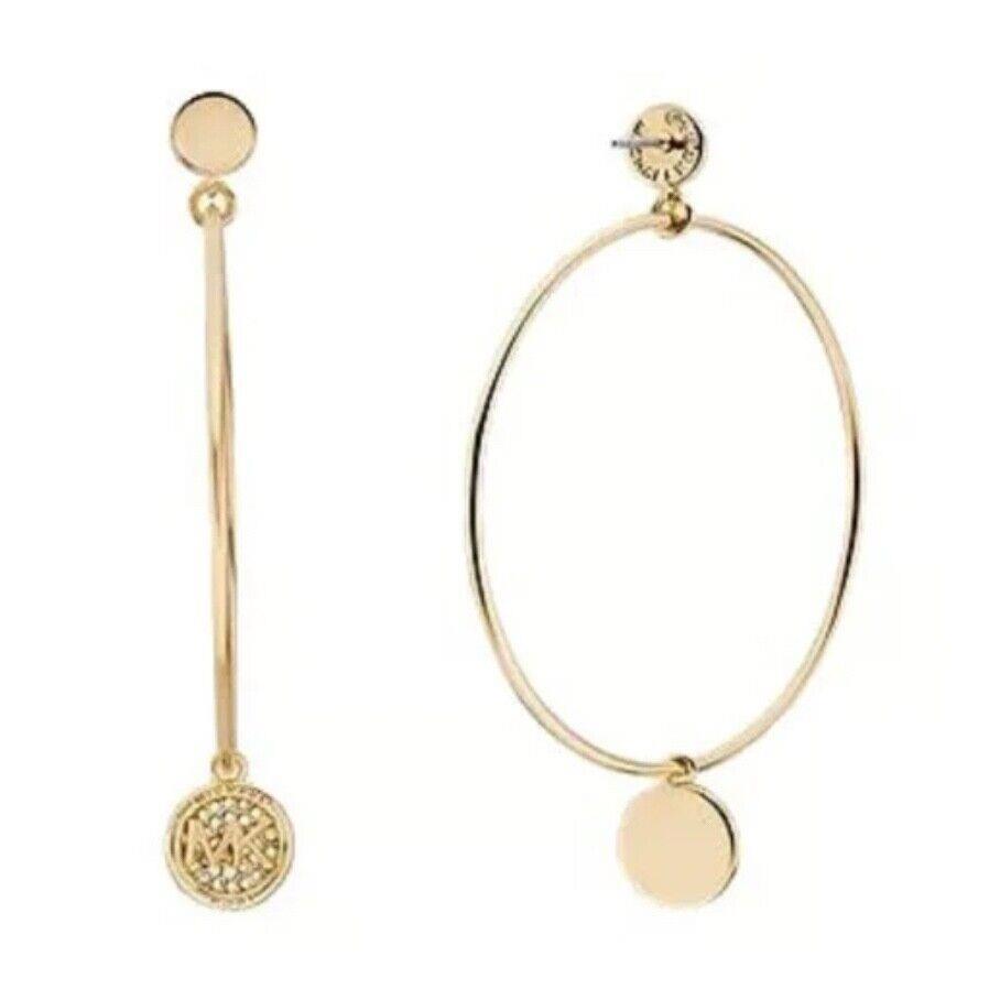 Michael Kors 2 Hoop Earrings 14K Gold Platinum Plated Brass Logo Disc NWT$135