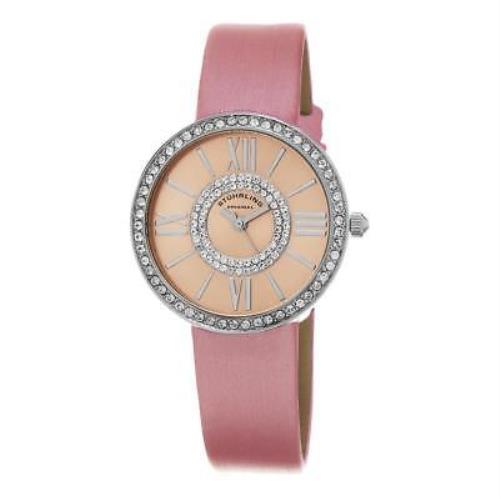 Stuhrling 566.03 566 03 Vogue Quartz Pink Leather Strap Crystals Womens Watch