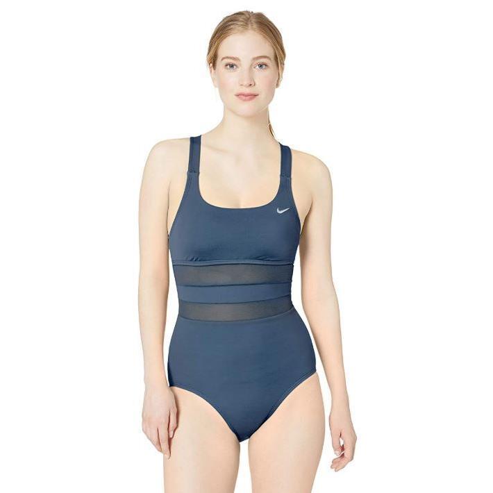 Nike Swim Womens Swimsuit Mesh Solid Edge V-back One Piece Navy Blue Medium