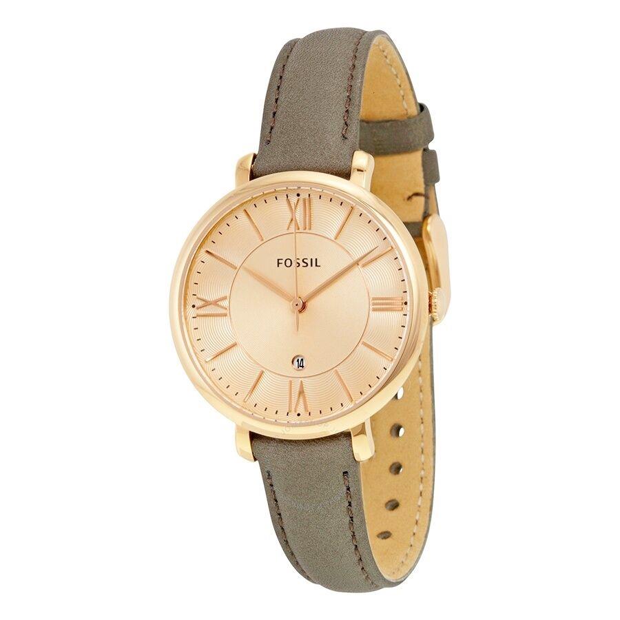 Fossil Jacqueline Rose Gold Tone Gray Leather Roman Numbers Watch ES3707