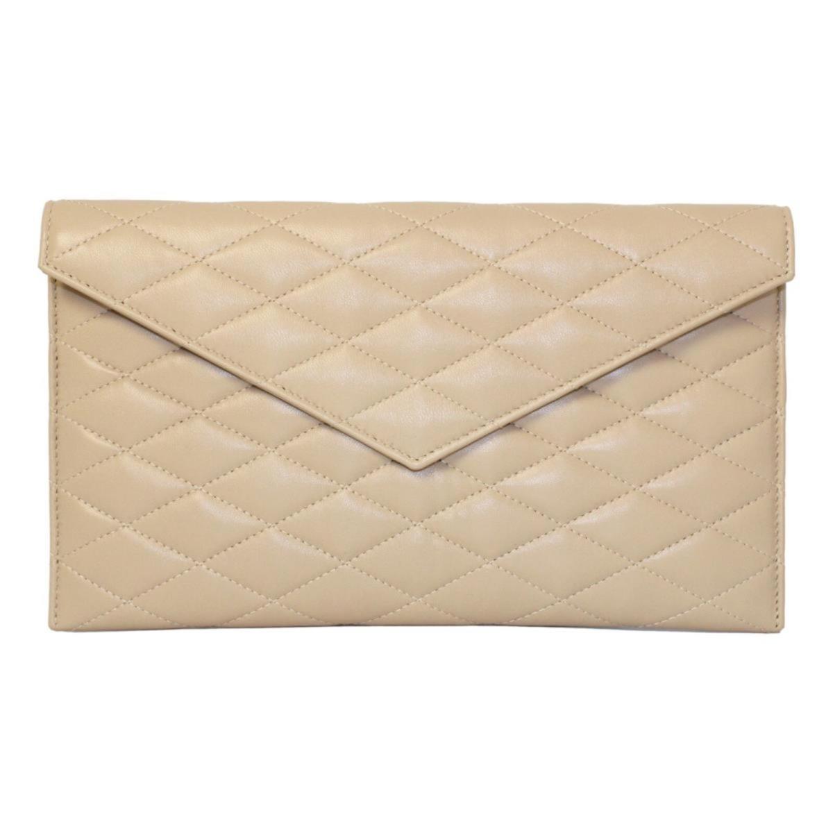 Saint Laurent Sade Logo Beige Leather Quilted Pouch Clutch Bag 636533